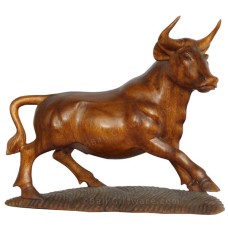 Wood Carved Buffalo Statue On Base