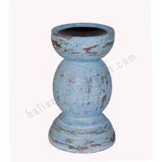 Wood Candle Holder Distressed Blue 20 cm