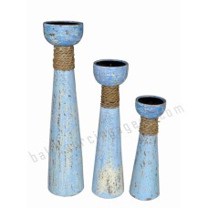 Wood Candle Holder Ropes Blue Set of 3