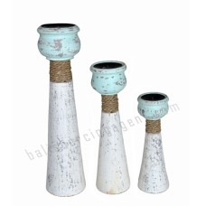 Wood Candle Holder Blue White Set of 3