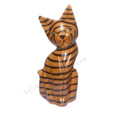 Wood Mini Cat Brown Black Stripe 15 cm