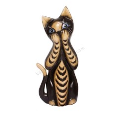 Wood Cat Black Brown Closed Mouth 30 cm