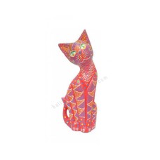 Wood Cat Red Orange Dots Painted 25 cm