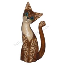 Wood Cat Brown Carved Long Tail 25 cm