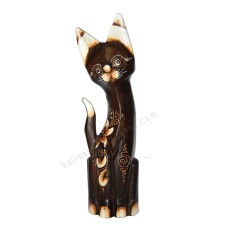 Wood Cat Dark Brown White Flower 40 cm