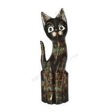 Wood Cat Painted Black Green Gold 40 cm