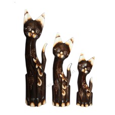 Wood Cat Dark Brown White Flower Set of 3