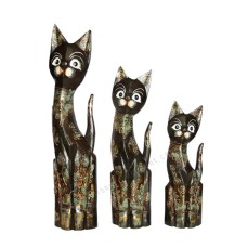 Wood Cat Painted Black Green Gold Set of 3