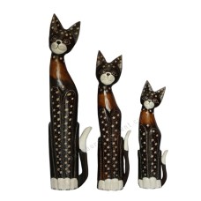 Wood Cat Black Brown White Carved Set of 3