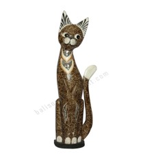 Wood Cat Cracked Brown Grey Painted 60 cm