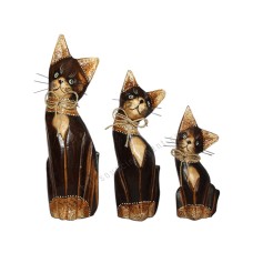 Wood Cat Antique Brown Carved Set of 3