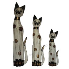 Wood Cat Painted White Black Gold Set of 3