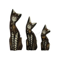 Wood Cat Painted Grey White Gold Set of 3