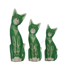 Wood Cat Green White Painted Set of 3