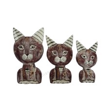 Wood Cat Big Head Maroon White Set of 3