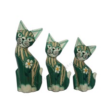 Wood Cat Green White Flower Set of 3