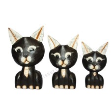 Wood Cat Big Head Black White Set of 3