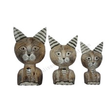 Wood Cat Big Head White Wash Set of 3