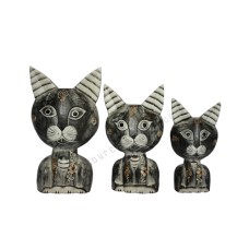 Wood Cat Big Head White Black Set of 3