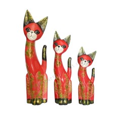 Wood Cat Painted Red Black Gold Set of 3