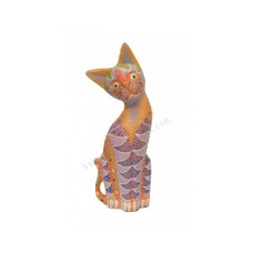 Wood Cat Orange Purple Dots Painted 25 cm