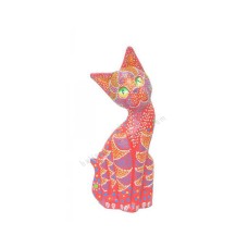 Wood Cat Red Orange Dots Painted 20 cm