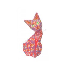 Wood Cat Red Orange Dots Painted 15 cm