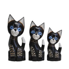 Wood Dwarf Cat Black Carved White Set of 3