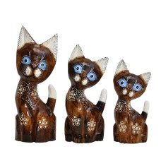 Wood Dwarf Cat Brown Flower Set of 3