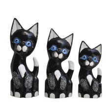 Wood Dwarf Cat Black White Antique Set of 3