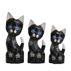 Wood Dwarf Cat Black White Flower Set of 3