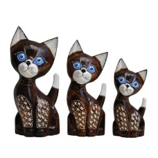 Wood Dwarf Cat Dark Brown White Set of 3