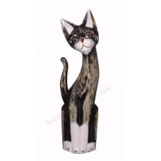 Wood Cat Painted Rustic Black White 50 cm