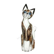 Wood Cat Painted White Brown Wash 60 cm