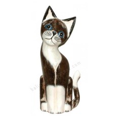 Wood Cat Painted White Brown Wash 40 cm