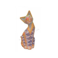 Wood Cat Orange Purple Dots Painted 20 cm