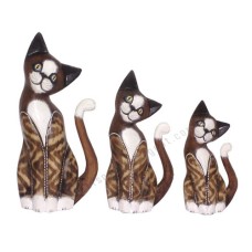 Wood Cat Striped Brown White Set of 3