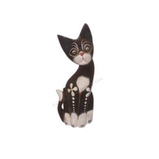 Wood Cat Painted Brown White Flower 30 cm