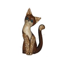 Wood Cat Brown Carved Long Tail 20 cm