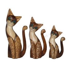 Wood Cat Brown Carved Long Tail Set of 3