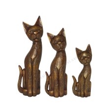 Wood Cat Golden Antique Painted Set of 3