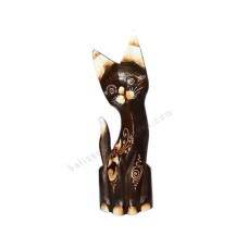 Wood Cat Dark Brown White Flower 30 cm