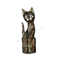 Wood Cat Painted Black Green Gold 30 cm