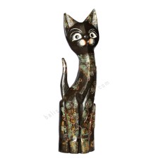 Wood Cat Painted Black Green Gold 50 cm