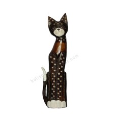 Wood Cat Black Brown White Carved 80 cm