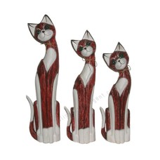 Wood Cat White Red Rope Neck Set of 3