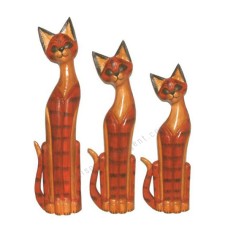 Wood Cat Brown Red Stripe Black Set of 3