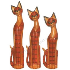 Wood Cat Brown Red Black Stripe Set of 3