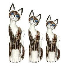 Wood Cat Painted White Brown Wash Set of 3