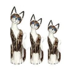 Wood Cat White Brown Wash Painted Set of 3